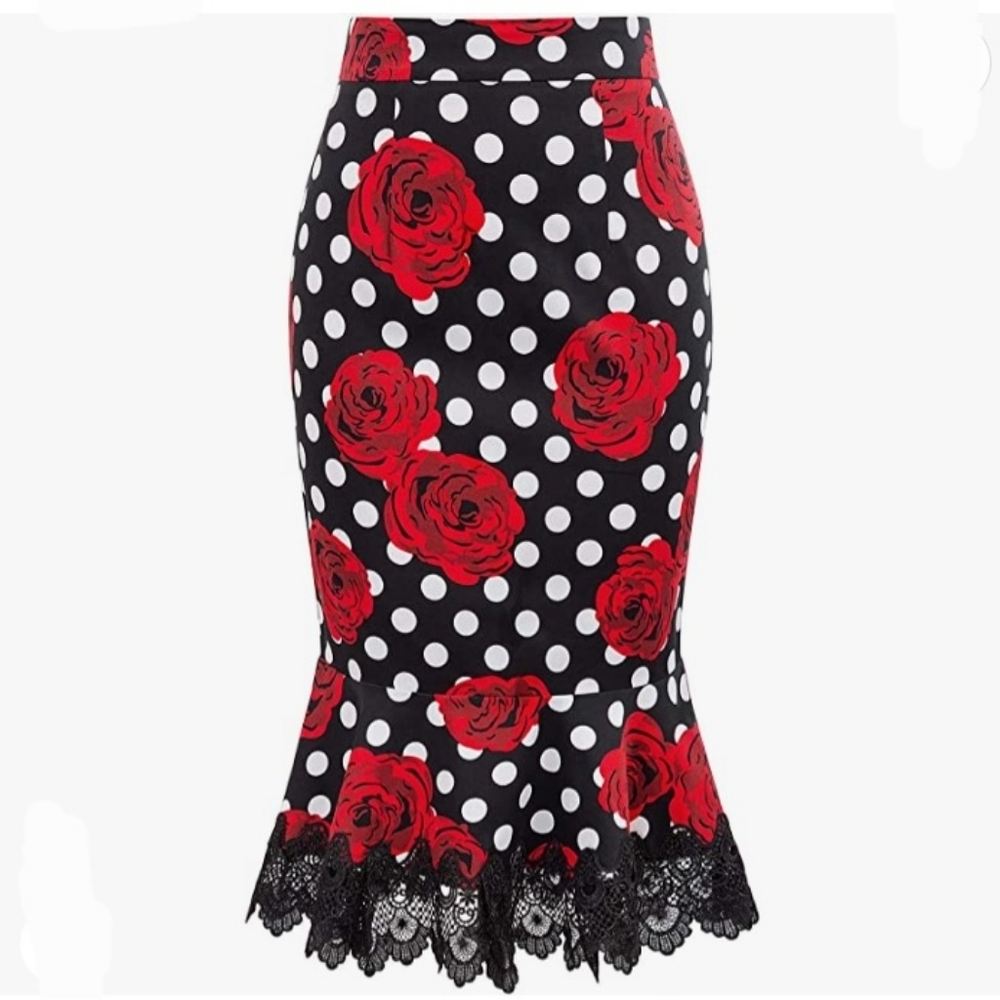 High Rise RosePrint Lace Trimmed Mermaid Hem PolkaDotPrint Maxi Skirt Black